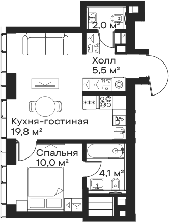 Планировка — Сити Бэй, 2-комн., 41 м²