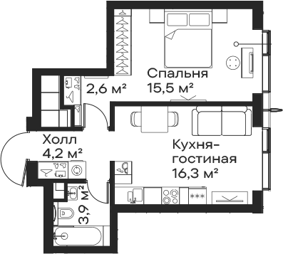 Планировка — Сити Бэй, 2-комн., 43 м²