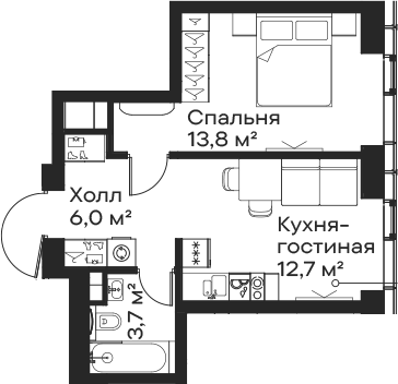 Планировка — Сити Бэй, 2-комн., 36 м²