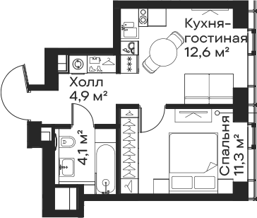 Планировка — Сити Бэй, 2-комн., 33 м²