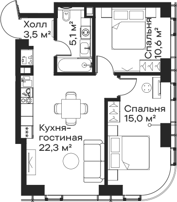 Планировка — Сити Бэй, 3-комн., 57 м²