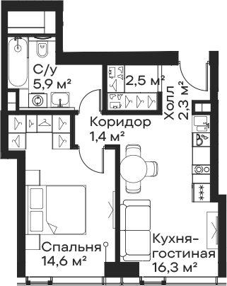 Планировка — Сити Бэй, 2-комн., 43 м²