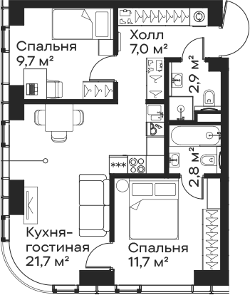 Планировка — Сити Бэй, 3-комн., 56 м²