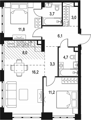 Планировка — Левел Южнопортовая, 3-комн., 68 м²