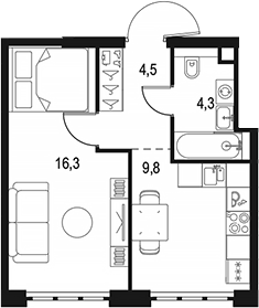 Планировка — Левел Южнопортовая, 1-комн., 35 м²
