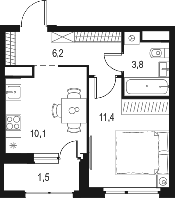 Планировка — Левел Лесной, 1-комн., 32 м²