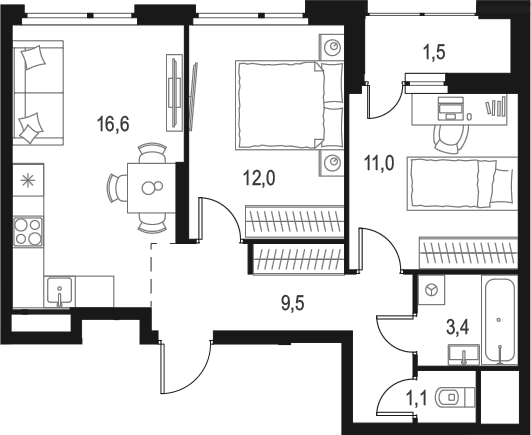 Планировка — Левел Лесной, 2-комн., 54 м²