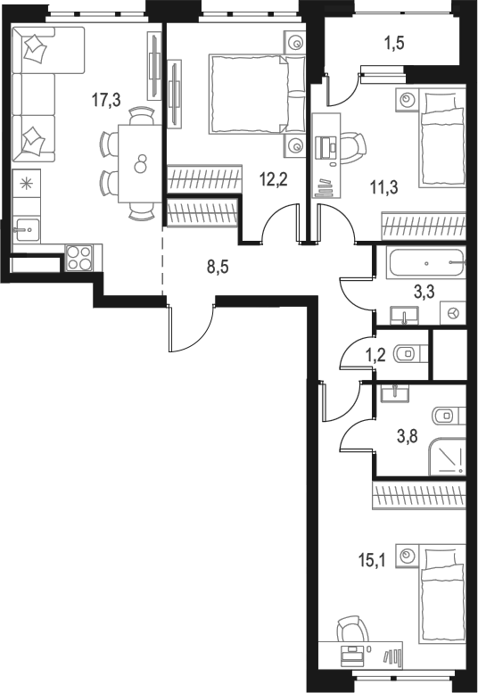 Планировка — Левел Лесной, 3-комн., 73 м²
