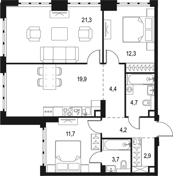 Планировка — Левел Южнопортовая, 3-комн., 85 м²