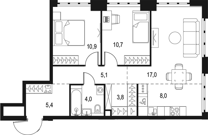 Планировка — Левел Южнопортовая, 3-комн., 65 м²