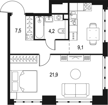 Планировка — Левел Южнопортовая, 1-комн., 43 м²