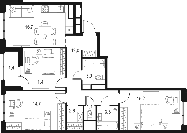 Планировка — Левел Лесной, 4-комн., 81 м²