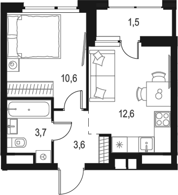 Планировка — Левел Лесной, 1-комн., 31 м²