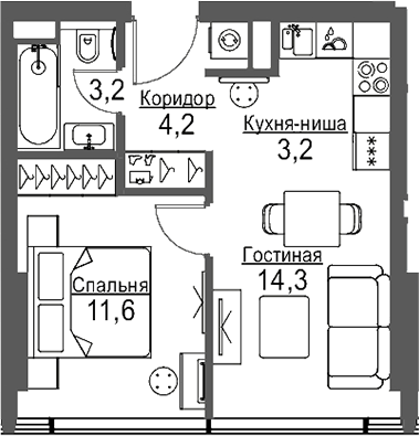 Планировка — Слава, 2-комн., 37 м²