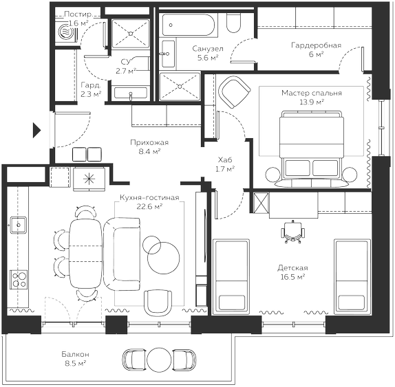 Планировка — River Residences, 3-комн., 92 м²