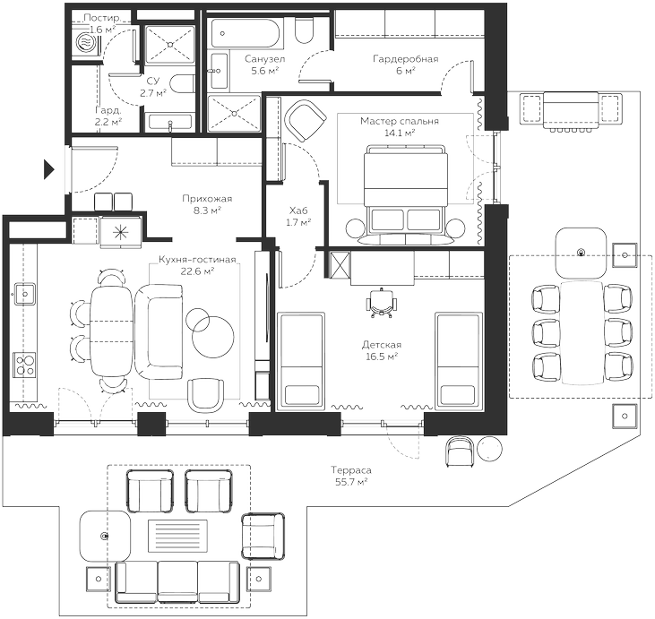 Планировка — River Residences, 3-комн., 87 м²