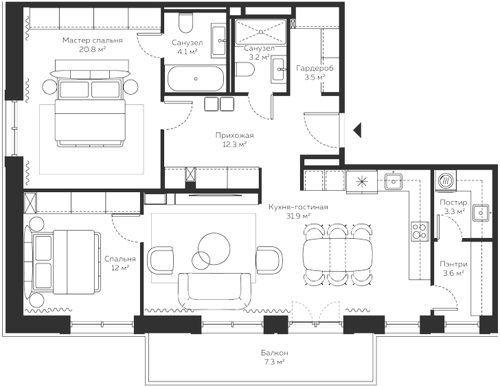 Планировка — River Residences, 3-комн., 105 м²