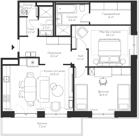 Планировка — River Residences, 3-комн., 92 м²