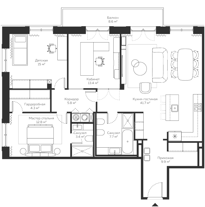 Планировка — River Residences, 4-комн., 125 м²