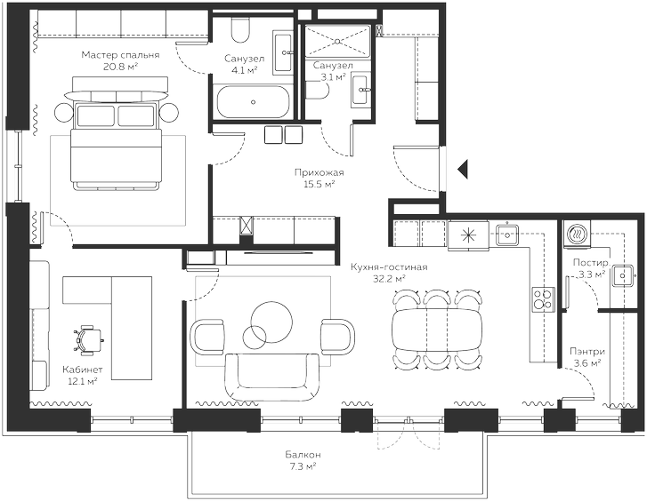 Планировка — River Residences, 3-комн., 105 м²