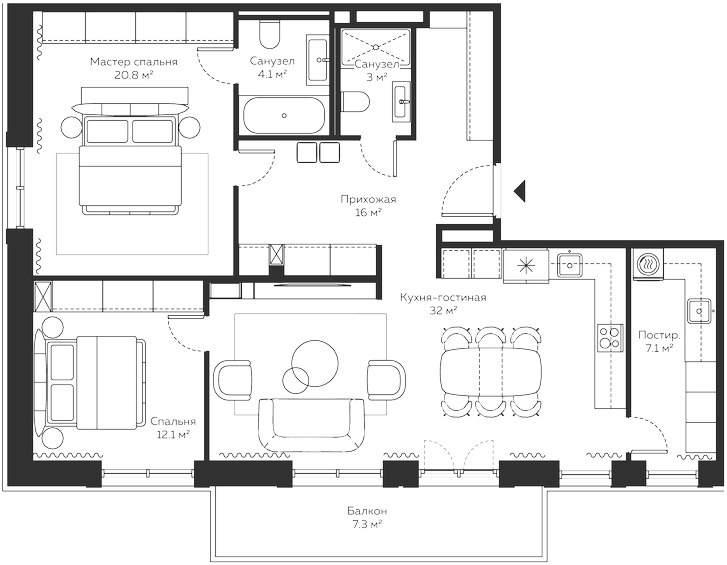 Планировка — River Residences, 3-комн., 105 м²