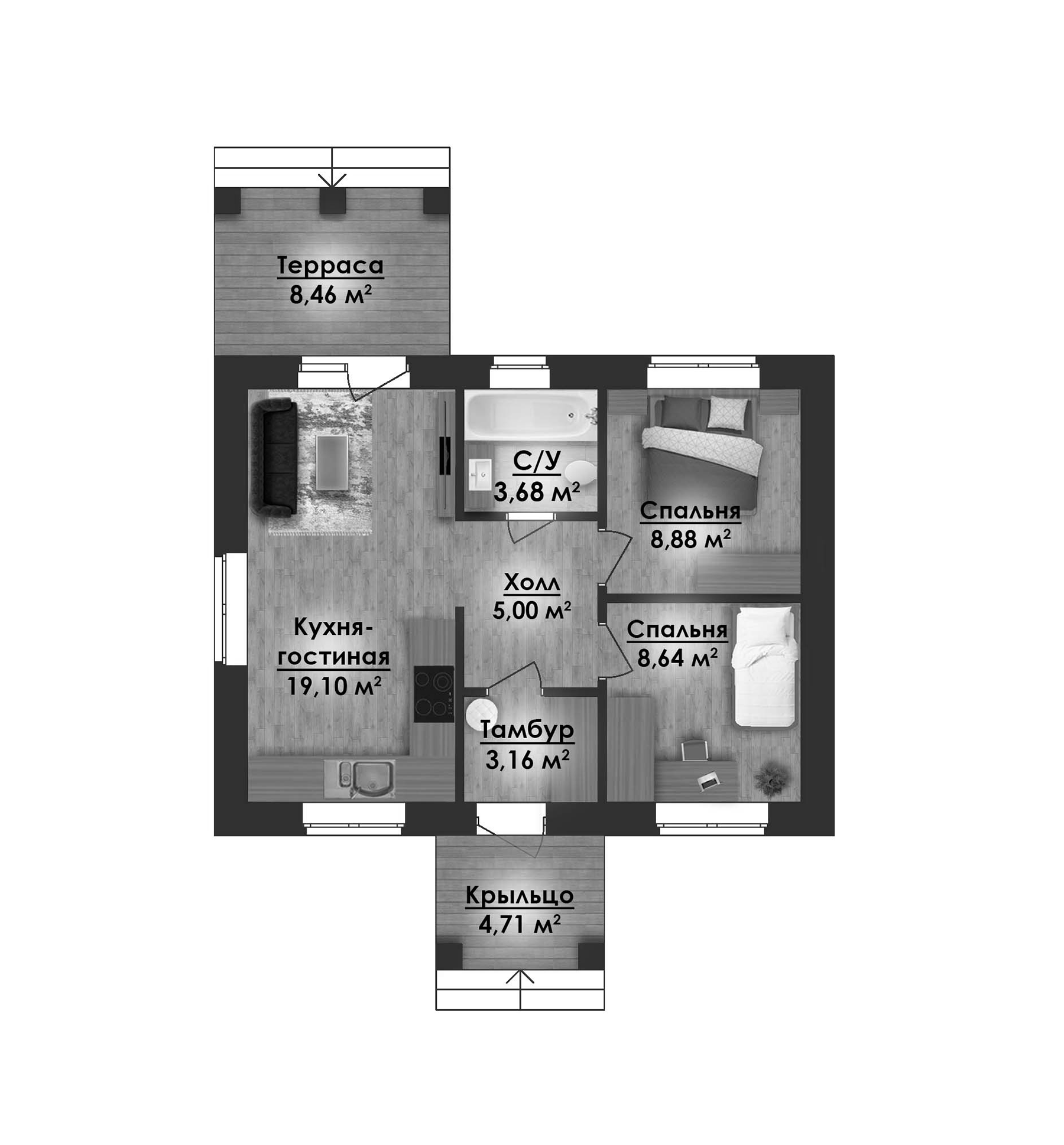Планировка — Коттеджный поселок ВамДом Пятница, 2-комн., 47 м²
