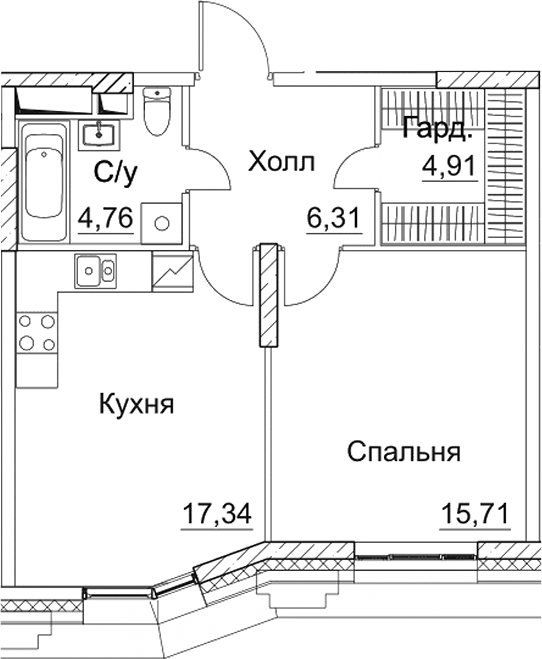 Планировка — СЕЗАР СИТИ, 1-комн., 49 м²