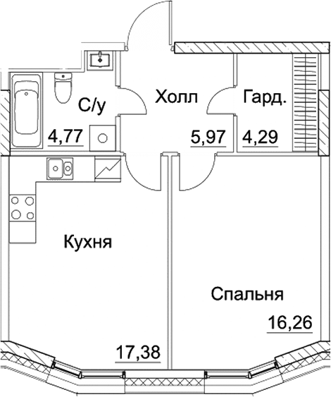 Планировка — СЕЗАР СИТИ, 1-комн., 49 м²