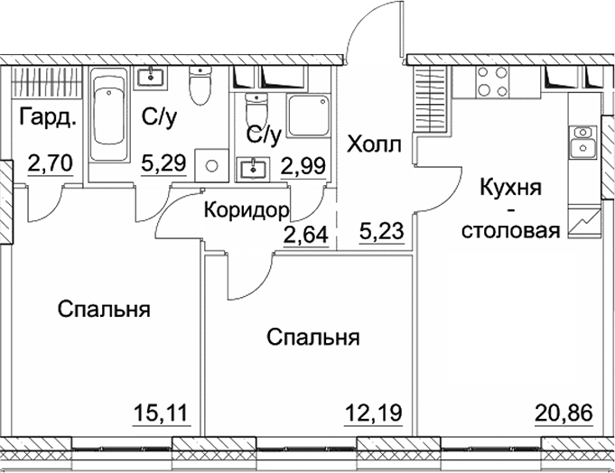 Планировка — СЕЗАР СИТИ, 3-комн., 67 м²