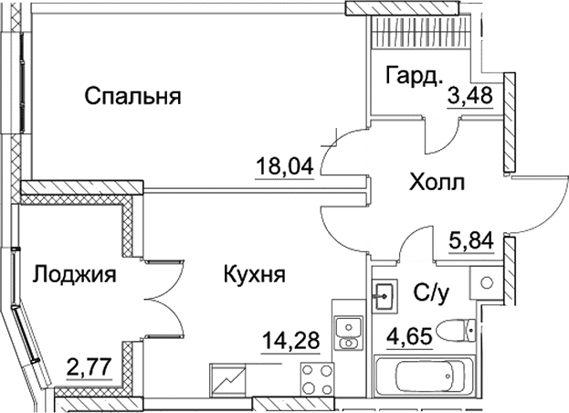 Планировка — СЕЗАР СИТИ, 1-комн., 46 м²