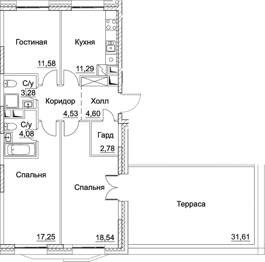 Планировка — СЕЗАР СИТИ, 3-комн., 78 м²