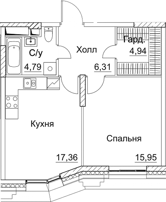 Планировка — СЕЗАР СИТИ, 1-комн., 49 м²