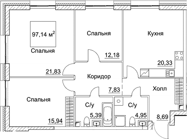 Планировка — СЕЗАР СИТИ, 4-комн., 97 м²