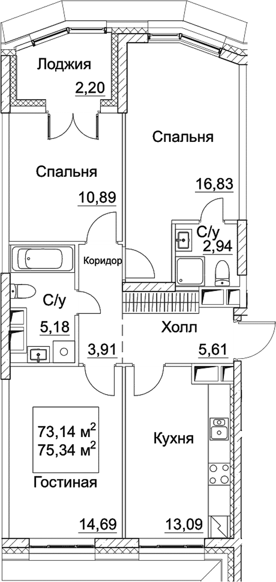 Планировка — СЕЗАР СИТИ, 3-комн., 73 м²