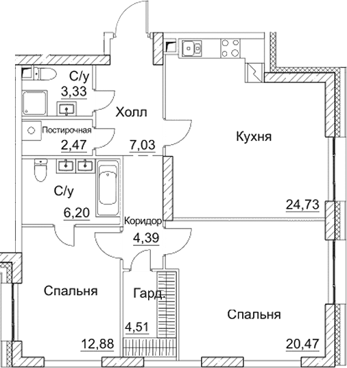 Планировка — СЕЗАР СИТИ, 3-комн., 86 м²
