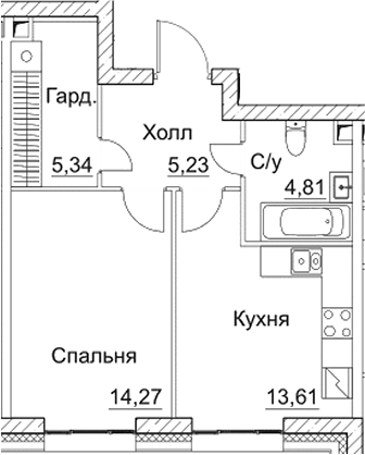 Планировка — СЕЗАР СИТИ, 1-комн., 43 м²