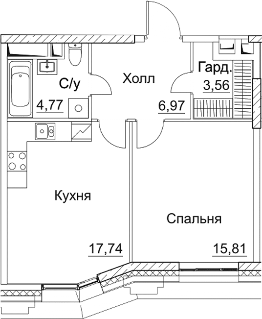 Планировка — СЕЗАР СИТИ, 1-комн., 49 м²