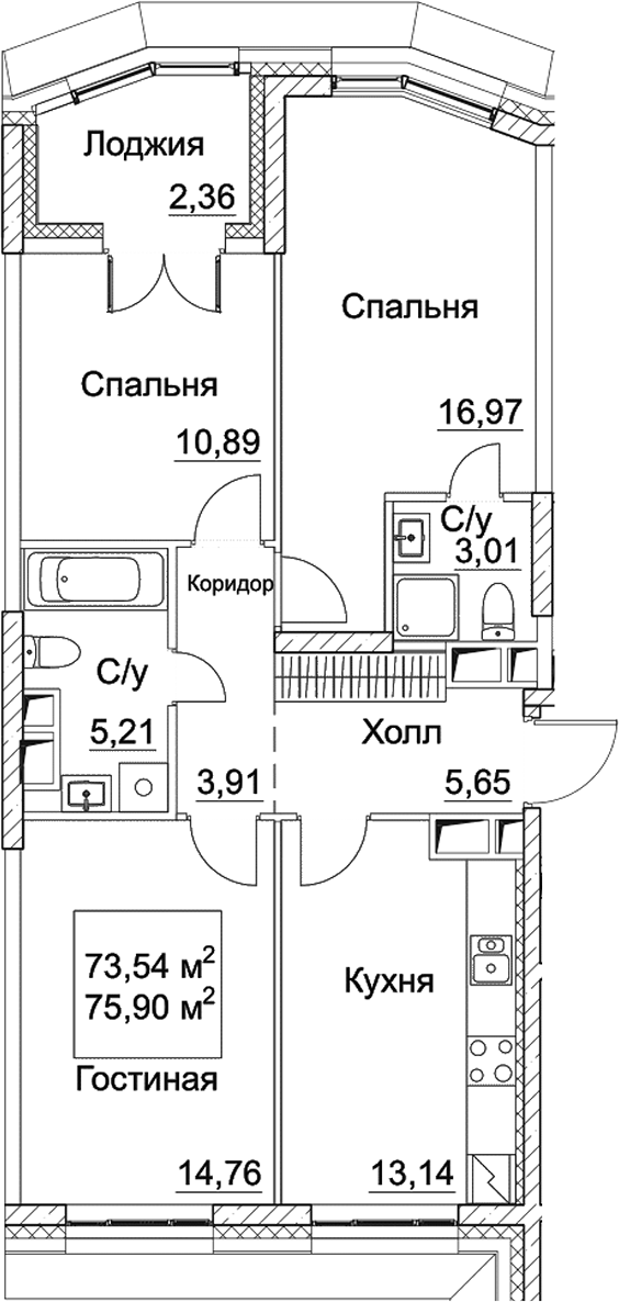 Планировка — СЕЗАР СИТИ, 3-комн., 74 м²