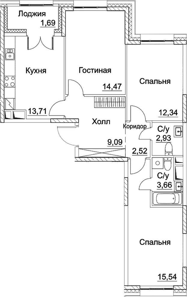 Планировка — СЕЗАР СИТИ, 3-комн., 74 м²