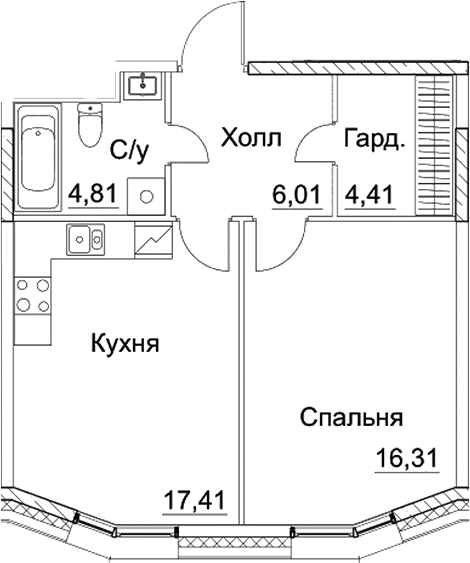 Планировка — СЕЗАР СИТИ, 1-комн., 49 м²