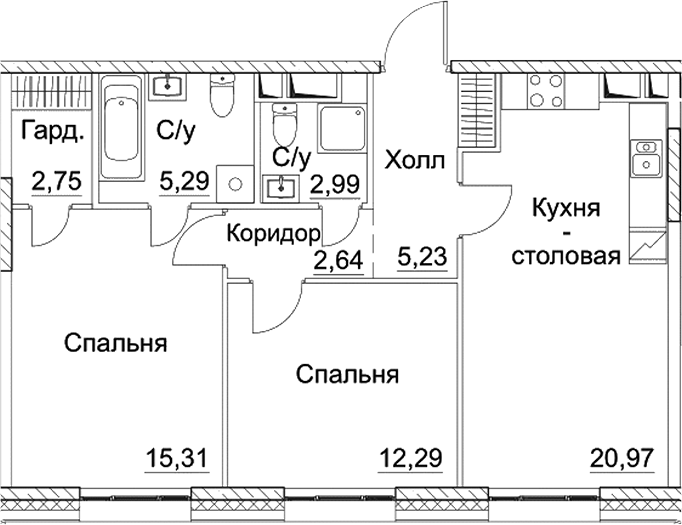 Планировка — СЕЗАР СИТИ, 3-комн., 67 м²
