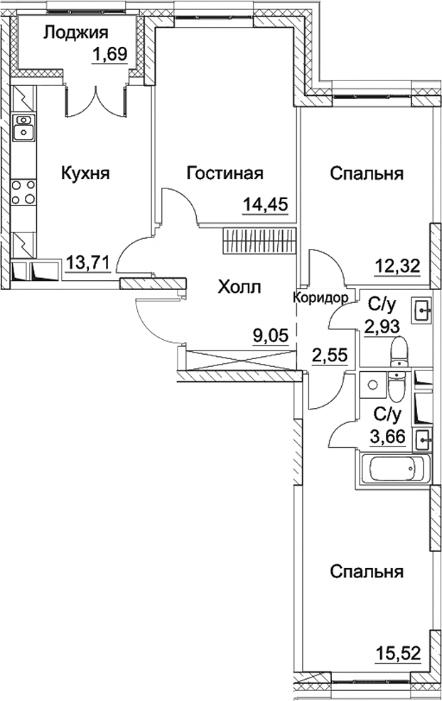 Планировка — СЕЗАР СИТИ, 3-комн., 74 м²