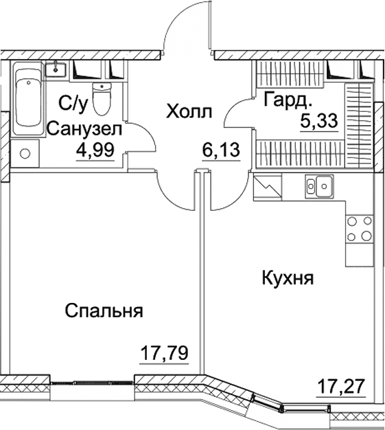 Планировка — СЕЗАР СИТИ, 1-комн., 52 м²