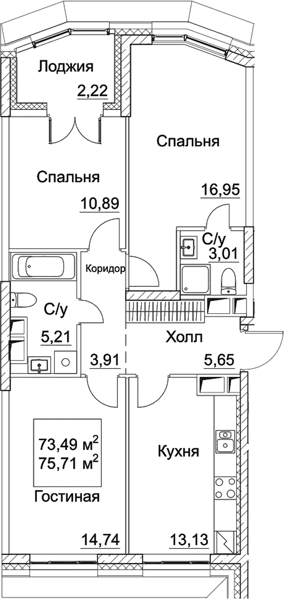 Планировка — СЕЗАР СИТИ, 3-комн., 73 м²