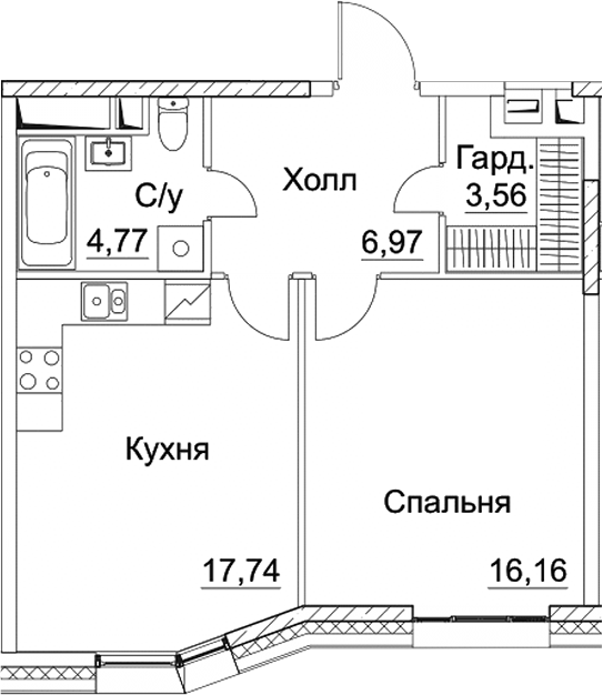 Планировка — СЕЗАР СИТИ, 1-комн., 49 м²