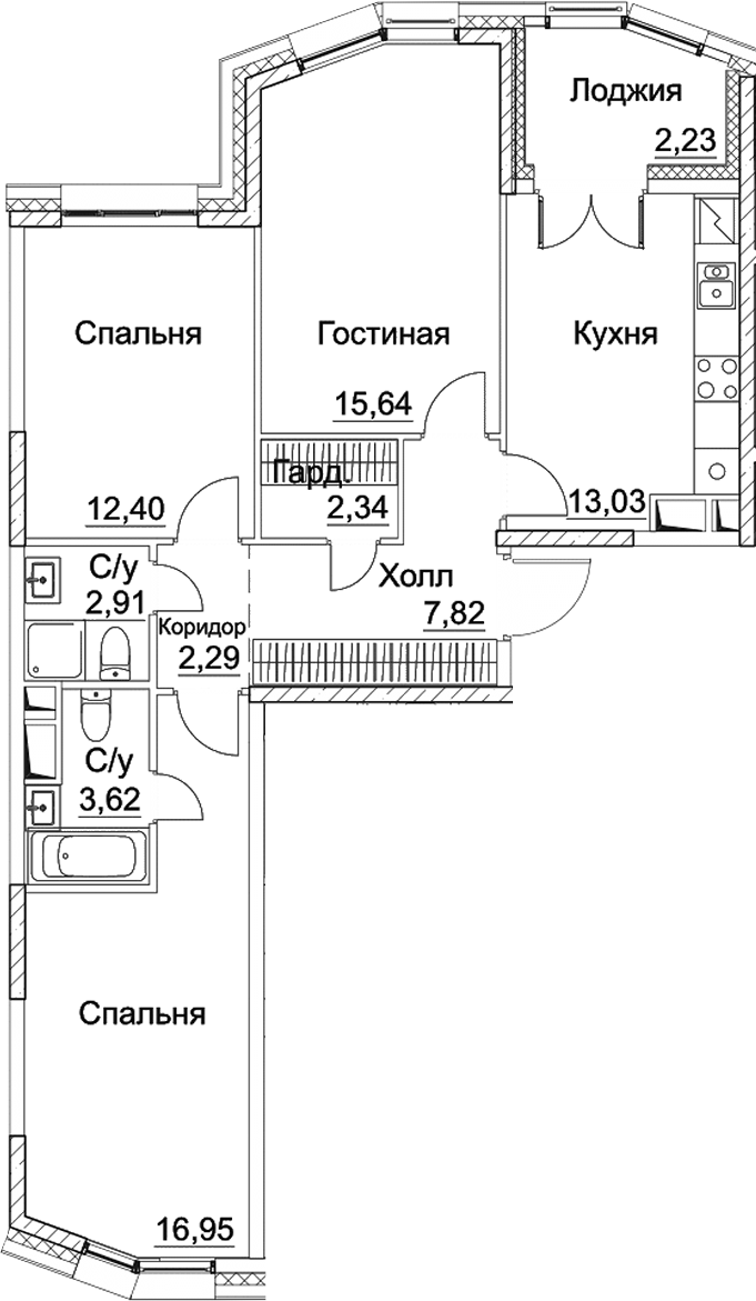 Планировка — СЕЗАР СИТИ, 3-комн., 77 м²
