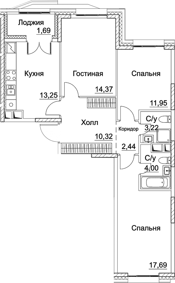 Планировка — СЕЗАР СИТИ, 3-комн., 77 м²