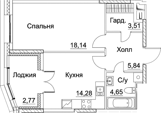 Планировка — СЕЗАР СИТИ, 1-комн., 46 м²