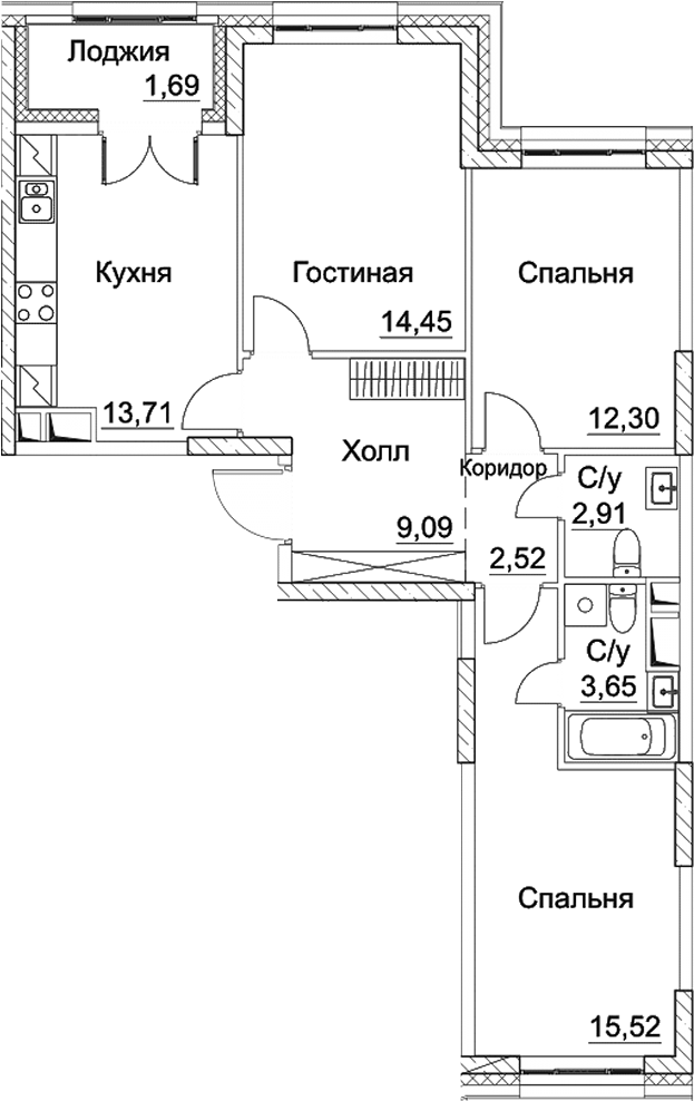 Планировка — СЕЗАР СИТИ, 3-комн., 74 м²