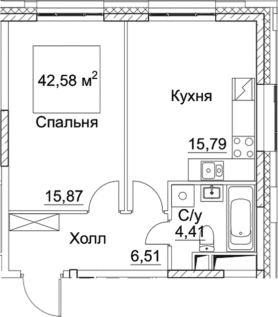 Планировка — СЕЗАР СИТИ, 2-комн., 43 м²